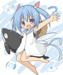 Rule 34 | 1girl, :d, armpits, bare arms, bare legs, bare shoulders, barefoot, black one-piece swimsuit, blue eyes, blue hair, blue sailor collar, blush, dress, food-themed hair ornament, hair between eyes, hair ornament, highres, inflatable orca, inflatable toy, one-piece swimsuit, open mouth, original, outstretched arm, ri-net, sailor collar, sailor dress, sleeveless, smile, solo, swimsuit, swimsuit under clothes, twintails, twitter username, watermelon hair ornament, white dress