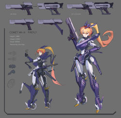 Rule 34 | 1girl, bullet, character sheet, commentary request, cyborg, english text, extra arms, full body, grey background, gun, hand on own hip, handgun, headgear, highres, holding, holding gun, holding weapon, joints, long hair, looking at viewer, magazine (weapon), mechanical arms, mixed-language commentary, orange eyes, orange hair, original, ponytail, robot joints, science fiction, standing, ushas, very long hair, weapon, wheel