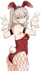 Rule 34 | 1girl, absurdres, animal ears, blue eyes, breasts, cowboy shot, detached collar, double v, fishnet pantyhose, fishnets, from behind, girls und panzer, grey hair, highres, itsumi erika, leotard, looking at viewer, looking back, medium breasts, pantyhose, playboy bunny, rabbit ears, rabbit tail, red leotard, sattinittas, simple background, solo, tail, v, white background, wrist cuffs