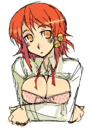Rule 34 | 1girl, blush, bra, breast hold, breasts, breasts squeezed together, cleavage, clothes lift, collared shirt, dress shirt, kusanagi tonbo, large breasts, lingerie, long sleeves, looking at viewer, oekaki, open clothes, open mouth, open shirt, orange eyes, orange pupils, original, red hair, shirt, shirt lift, sidelocks, simple background, solo, unbuttoned, unbuttoned shirt, underwear, upper body, white shirt