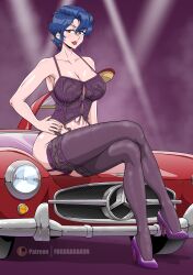 Rule 34 | 1girl, absurdres, artist name, blue hair, blush, breasts, brown eyes, bubblegum crisis, car, cleavage, convertible, corset, crossed legs, earrings, fugubarakun, hand on own hip, high heels, highres, jewelry, large breasts, lips, lipstick, looking at viewer, makeup, mercedes-benz, motor vehicle, nail polish, on vehicle, panties, patreon logo, pink nails, purple background, purple corset, purple footwear, purple garter belt, purple garter straps, purple panties, purple thighhighs, red lips, short hair, simple background, sitting, solo, sylia stingray, thighhighs, underwear