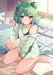 Rule 34 | 1girl, barefoot, between legs, blue bow, blush, bow, closed mouth, collarbone, collared shirt, commentary request, double bun, dress shirt, green hair, green shirt, hair bow, hair bun, hair ornament, hand between legs, hand up, highres, hololive, long hair, long sleeves, off shoulder, racchi., red eyes, shirt, sitting, skull hair ornament, sleeves past wrists, solo, uruha rushia, virtual youtuber, wariza