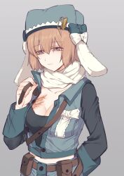 Rule 34 | 1girl, arm behind back, belt, belt pouch, black shirt, blue bow, blue hat, blue vest, bow, breast pocket, breasts, brown belt, buttons, cleavage, closed mouth, fur hat, grey background, hand up, hat, hat bow, highres, holding strap, long sleeves, looking at viewer, magia record: mahou shoujo madoka magica gaiden, magical girl, mahou shoujo madoka magica, medium breasts, midriff, miura asahi, orange hair, partially unbuttoned, pocket, popped collar, pouch, purple eyes, scar, scar on chest, scarf, shirt, short hair, shoulder strap, simple background, sleeve cuffs, solo, square neckline, upper body, ushanka, vest, white bow, white scarf, yukishiro (hitsuji)