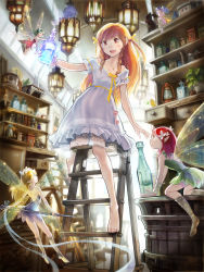 Rule 34 | 5girls, barefoot, bird, blonde hair, blue eyes, blue hair, bottle, dress, fairy, fairy wings, flower, green eyes, green hair, hair flower, hair ornament, hair ribbon, highres, jewelry, lace, lace trim, ladder, lantern, multiple girls, necklace, orange hair, original, pointy ears, potion, purple eyes, red eyes, red hair, ribbon, shelf, shirokichi, size difference, sparkle, twintails, white dress, wings