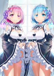 Rule 34 | 2girls, akusema, bad id, bad pixiv id, blue eyes, blue hair, blue panties, blue ribbon, blush, breasts, cleavage, clothes lift, commentary request, detached sleeves, dress, dress lift, female focus, frills, hair ornament, hair over one eye, hair ribbon, large breasts, lifted by self, looking at viewer, maid, maid headdress, matching hair/eyes, medium breasts, multiple girls, panties, pink eyes, pink hair, pink panties, pink ribbon, ram (re:zero), re:zero kara hajimeru isekai seikatsu, rem (re:zero), ribbon, short hair, siblings, sisters, small breasts, smile, striped clothes, striped panties, twins, two-tone panties, underwear, white panties, x hair ornament