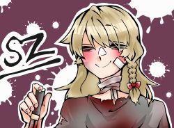 Rule 34 | 1girl, alternate costume, bandaged neck, bandages, bandaid, bandaid on cheek, bandaid on face, blonde hair, blood, blood splatter, blood stain, blush, bow, braid, closed eyes, closed mouth, commentary request, cookie (touhou), grey shirt, hair bow, holding, holding knife, kirisame marisa, knife, long hair, portrait, red bow, shirt, side braid, single braid, smile, solo, suzu (cookie), torn clothes, torn shirt, touhou, zerachin (nicoseiga78314664)