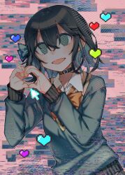 1girl @_@ aqua_eyes aqua_hair aqua_sweater black_choker black_hair bow bowtie choker collared_shirt colored_inner_hair glitch hair_between_eyes hands_up heart heart_hands highres long_sleeves looking_at_viewer medium_hair miyamai_moca multicolored_hair open_mouth orange_bow orange_bowtie own_hands_together shirt solo sweater tere_douga upper_body voicepeak white_shirt