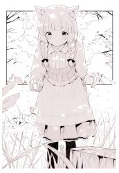 Rule 34 | 1girl, animal ears, braid, bug, butterfly, cat ears, cat girl, cat tail, dress, grass, highres, insect, leoharju, long sleeves, monochrome, original, outdoors, solo, tail