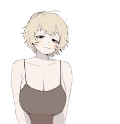 Rule 34 | 1girl, :3, bare shoulders, blonde hair, blush, breasts, brown tank top, cleavage, collarbone, crop top, highres, kms2605, looking at viewer, original, short hair, simple background, solo, spaghetti strap, squinting, tank top, upper body, white background