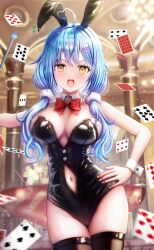 Rule 34 | 1girl, :o, absurdres, ahoge, animal ears, bare shoulders, black leotard, black thighhighs, blue hair, bow, bowtie, breasts, card, cleavage, clothing cutout, cowboy shot, detached collar, fake animal ears, hair over shoulder, hand on own hip, heart, heart ahoge, highres, hololive, large breasts, leotard, long hair, looking at viewer, low twintails, navel, navel cutout, open mouth, playing card, rabbit ears, resolution mismatch, solo, source larger, standing, strapless, strapless leotard, thighhighs, thighs, twintails, v-shaped eyebrows, virtual youtuber, wajuniorbox, wrist cuffs, yellow eyes, yukihana lamy