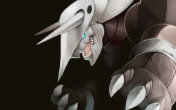 Rule 34 | 00s, aggron, black background, blue eyes, claws, creatures (company), dark, fangs, game freak, gen 3 pokemon, glowing, glowing eyes, highres, horns, looking at viewer, monster, nintendo, no humans, open mouth, phenne, pokemon, pokemon (creature), pokemon rse, sharp teeth, solo, teeth, wallpaper