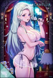 Rule 34 | 1girl, absurdres, blue eyes, blue hair, blue nails, blush, bra, breasts, c.honey, camellia, candle, cleavage, commentary request, creatures (company), curtains, earrings, flower, from side, game freak, highres, holding, holding flower, jewelry, lace, lampshade, large breasts, lingerie, long hair, looking at viewer, melony (pokemon), nail polish, navel, nintendo, off shoulder, open mouth, panties, pokemon, pokemon swsh, see-through, see-through silhouette, side-tie panties, solo, standing, swept bangs, underwear, very long hair, white bra, window