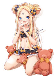 Rule 34 | 1girl, :d, abigail williams (emerald float) (fate), abigail williams (fate), bare arms, bare shoulders, bikini, black bikini, black bow, blonde hair, blue eyes, blush, bow, collarbone, double bun, drop shadow, emerald float, fang, fate/grand order, fate (series), forehead, full body, hair bow, hair bun, hands up, highres, holding, holding key, key, kneeling, long hair, looking at viewer, mutang, official alternate costume, open mouth, orange bow, parted bangs, polka dot, polka dot bow, sidelocks, simple background, smile, solo, stuffed animal, stuffed toy, swimsuit, teddy bear, very long hair, water, white background
