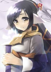 Rule 34 | 1girl, absurdly long hair, ainu clothes, animal ears, aquaplus, black hair, branch, breasts, closed mouth, from side, gradient eyes, hair between eyes, hair ornament, high ponytail, kuon (utawarerumono), layered sleeves, long hair, long sleeves, looking at viewer, medium breasts, multicolored eyes, orange sash, outdoors, own hands clasped, ponytail, raised eyebrows, sash, scarf, shiny clothes, shiny skin, sidelocks, smile, solo, swept bangs, tree, upper body, utawarerumono, utawarerumono: itsuwari no kamen, very long hair, wide sleeves, yellow eyes, yellow scarf, yurutw