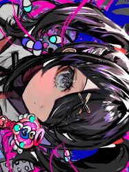 Rule 34 | 1girl, absurdres, ame-chan (needy girl overdose), black hair, blister pack, closed mouth, grey eyes, hair ornament, hair over one eye, highres, long hair, looking at viewer, momae makku, needy girl overdose, pien cat (needy girl overdose), pill, portrait, sideways, solo, twintails, wand, x hair ornament