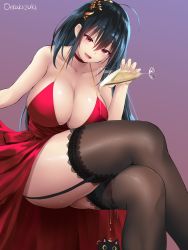 Rule 34 | 1girl, :d, ahoge, alcohol, artist name, azur lane, bare shoulders, black cat, black hair, black thighhighs, blush, breasts, cat, champagne, choker, cleavage, collarbone, commentary request, dress, garter straps, grey hair, hair between eyes, hair ornament, highres, huge breasts, long hair, looking at viewer, oekakizuki, official alternate costume, open mouth, pouring, pouring onto self, red choker, red dress, red eyes, signature, simple background, sitting, smile, solo, taihou (azur lane), taihou (forbidden feast) (azur lane), thighhighs, thighs, wet, wet clothes