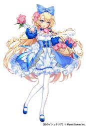 Rule 34 | 1girl, :d, age of ishtaria, bare shoulders, basket, blonde hair, blue bow, blue eyes, blue footwear, blush, bow, copyright name, copyright notice, dress, flower, full body, gloves, hair bow, hair flower, hair ornament, highres, holding, holding flower, jeanne d&#039;arc (age of ishtaria), long hair, looking at viewer, mary janes, munlu (wolupus), official art, open mouth, pantyhose, pink flower, pink rose, rose, shoes, simple background, smile, solo, white background, white gloves, white pantyhose