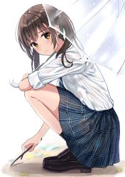 Rule 34 | 1girl, bare legs, black bra, black footwear, black socks, blue skirt, blush, bra, brown hair, burenbo, closed mouth, commentary request, frown, highres, holding, holding umbrella, loafers, long hair, looking at viewer, looking to the side, necktie, original, plaid, plaid skirt, school uniform, see-through, shirt, shirt tucked in, shoes, skirt, socks, solo, squatting, stick, striped necktie, striped neckwear, sweat, thighs, transparent, transparent umbrella, twintails, umbrella, underwear, white shirt, yellow eyes
