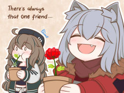 Rule 34 | 2girls, animal ear fluff, animal ears, arknights, blush, brown background, brown hair, commentary, cuora (arknights), eating, english commentary, english text, fang, flower pot, grey hair, guin guin, hair between eyes, hat, holding, holding flower pot, jacket, long hair, multiple girls, plant, potted plant, projekt red (arknights), wolf ears