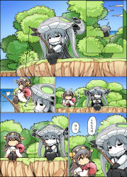 Rule 34 | 10s, 2girls, = =, ^ ^, abyssal ship, bodysuit, cape, closed eyes, colored skin, comic, detached sleeves, closed eyes, fishing, fishing rod, food, grey hair, hairband, haruna (kancolle), hat, headgear, hisahiko, holding, kantai collection, long hair, multiple girls, nontraditional miko, hugging object, onigiri, pillow, pillow hug, short hair, sitting, tentacles, translation request, white skin, wo-class aircraft carrier