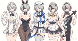 Rule 34 | 1girl, 2b (nier:automata), alternate costume, animal ears, apron, arm cuffs, bare shoulders, belt, beret, black belt, black blindfold, black dress, black gloves, black leotard, black ribbon, blindfold, blue necktie, blunt bangs, blush, braid, breasts, broom, button gap, chest strap, china dress, chinese clothes, cleavage, cleavage cutout, clothing cutout, collared shirt, cosplay, covered navel, cropped jacket, crossover, curvy, detached collar, detached sleeves, dress, earrings, fake animal ears, fishnet pantyhose, fishnets, flower, frills, gloves, goddess of victory: nikke, hair ribbon, hand fan, hat, highleg, highleg leotard, highres, holding, holding fan, i (kotombre 0370), jewelry, large breasts, leotard, maid, maid apron, maid headdress, military hat, multiple views, necktie, nier (series), no panties, noir (nikke), noir (nikke) (cosplay), noise (cherry blossom stage) (nikke), noise (nikke), noise (nikke) (cosplay), open mouth, pantyhose, playboy bunny, pleated dress, pleated skirt, puffy short sleeves, puffy sleeves, rabbit ears, rapi (nikke), rapi (nikke) (cosplay), ribbon, see-through, see-through sleeves, shiny skin, shirt, short hair, short sleeves, simple background, skirt, sleeveless, soda (nikke), soda (nikke) (cosplay), strap, strapless, strapless leotard, suspenders, thigh gap, thigh strap, thighhighs, thighs, thong leotard, two-tone gloves, unconventional maid, white background, white blindfold, white dress, white flower, white gloves, white hair, white ribbon, white shirt, white thighhighs, wide hips, yan (nikke), yan (nikke) (cosplay)