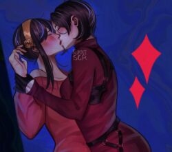 Rule 34 | 2girls, absurdres, ada wong, artist name, bare shoulders, black hair, blue background, blush, breasts, carrying, carrying person, couple, crossover, dress, earrings, fingerless gloves, french kiss, gloves, gold earrings, hair ornament, hand on another&#039;s hip, highres, holding, jewelry, khessamaya, kiss, large breasts, lipstick, long hair, long sleeves, makeup, medium breasts, multiple girls, no legwear, parted lips, red eyes, resident evil, resident evil 4, resident evil 4 (remake), short hair, simple background, smile, sparkle, spy x family, thighhighs, turtleneck, turtleneck dress, two-sided dress, two-sided fabric, yor briar, yuri