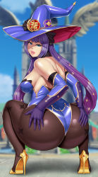 Rule 34 | 1girl, absurdres, abyssdagon, ass, ass grab, bare shoulders, breasts, come hither, from behind, genshin impact, gloves, green eyes, hair ribbon, hat, high heels, highres, huge ass, leotard, long hair, looking at viewer, looking back, mona (genshin impact), naughty face, pantyhose, parted lips, purple hair, ribbon, shiny clothes, shiny skin, sideboob, smile, solo, squatting, thick thighs, thighs, twintails, very long hair