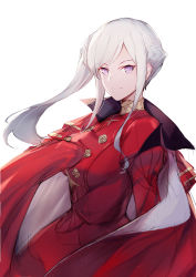 Rule 34 | 1girl, absurdres, armor, blonde hair, blue eyes, blush, breasts, cape, edelgard von hresvelg, epaulettes, fire emblem, fire emblem: three houses, gloves, hair ornament, highres, jhcrow, long hair, looking at viewer, nintendo, ponytail, red cape, side ponytail, simple background, smile, solo, white background