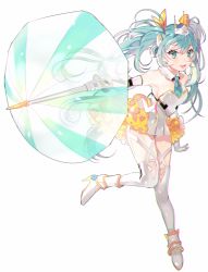 Rule 34 | 1girl, :d, aqua eyes, aqua hair, bad id, bad pixiv id, breasts, crown, detached collar, elbow gloves, full body, gloves, hair ribbon, hatsune miku, high heels, long hair, looking at viewer, open mouth, piyo (ppotatto), racing miku, ribbon, simple background, small breasts, smile, solo, thighhighs, transparent, transparent umbrella, twintails, umbrella, vocaloid, white background, white gloves, white thighhighs