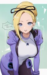 Rule 34 | 1girl, blonde hair, blue eyes, blush, bodysuit, breasts, campbell xx, earrings, green background, gundam, gundam g no reconguista, hairband, highres, jewelry, large breasts, lipstick, long hair, looking at viewer, makeup, mick jack, pilot suit, solo, star (symbol), star earrings, very long hair