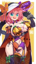 Rule 34 | 1girl, 2022, alternate costume, arm under breasts, black gloves, black panties, black thighhighs, blue eyes, blush, bow, bow panties, bowtie, breasts, cape, cleavage, dated, elbow gloves, embarrassed, frills, gloves, halloween, hat, hat bow, highres, huge breasts, jack-o&#039;-lantern, large breasts, looking at viewer, muchin jousha, multicolored clothes, navel, okunoda miyoi, open mouth, paid reward available, panties, patchwork clothes, pink hair, pumpkin, revealing clothes, scrunchie, see-through, short hair, side-tie panties, skindentation, solo, spider web print, sweat, tears, thighhighs, touhou, underwear, whale hat, wrist scrunchie