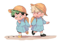 Rule 34 | 2boys, aged down, ant, backpack, bag, bakugou katsuki, black footwear, black shorts, blonde hair, blue shirt, blush, boku no hero academia, bug, child, commentary request, fang, finger to mouth, freckles, green eyes, green hair, hat, highres, holding hands, insect, kindergarten uniform, long sleeves, looking at another, looking down, male focus, midoriya izuku, multiple boys, open mouth, red eyes, school hat, school uniform, shirt, shoes, short hair, shorts, simple background, socks, spiked hair, standing, ujooo, walking, white background, yellow bag, yellow footwear, yellow headwear