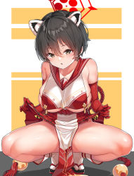 Rule 34 | 1girl, animal ears, bare legs, bare shoulders, black hair, blue archive, blush, breasts, clothes lift, elbow gloves, full body, gloves, hair between eyes, halo, konnyaku (kk-monmon), large breasts, looking at viewer, open mouth, paid reward available, pelvic curtain, red gloves, red sailor collar, red skirt, rope, sailor collar, short hair, simple background, skirt, skirt lift, sleeveless, socks, solo, squatting, sweat, sweatdrop, tassel, thighs, tsubaki (blue archive), white socks