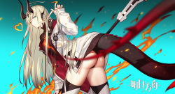 Rule 34 | 1girl, absurdres, ahoge, arknights, ass, black panties, black sweater, blonde hair, blue background, chinese commentary, closed mouth, commentary request, fire, gradient background, green eyes, hand up, heart, highres, holding, holding weapon, horns, jacket, long hair, looking at viewer, nail polish, one eye closed, open clothes, open jacket, panties, polearm, q9q, reed (arknights), solo, sweater, tail, thighhighs, underwear, weapon, white jacket