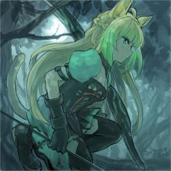 Rule 34 | 1girl, ahoge, animal ears, arrow (projectile), atalanta (fate), braid, breasts, cat ears, cat tail, cleavage, closed mouth, dress, fate/apocrypha, fate (series), fon-due (fonfon), from side, green eyes, green hair, holding, holding arrow, in tree, long hair, signature, small breasts, solo, squatting, tail, thighhighs, tree, very long hair