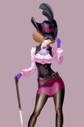 Rule 34 | 1girl, absurdres, adapted costume, black feathers, black hat, black pantyhose, breasts, breasts apart, brown hair, closed mouth, contrapposto, dress shirt, feathers, gloves, grey background, hand on hilt, hat, hat feather, highres, long sleeves, looking at viewer, mask, miniskirt, okumura haru, pantyhose, pencil skirt, persona, persona 5, pink shirt, purple eyes, purple gloves, purple lips, purple skirt, shirt, short hair, simple background, skin tight, skirt, smile, solo, standing, underbust, zerox