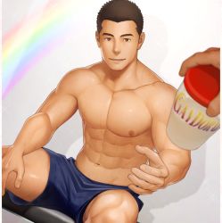 Rule 34 | 1boy, abs, bara, biceps, bottle, brown eyes, brown hair, itto (mentaiko), large pectorals, long sideburns, looking at viewer, male focus, muscular, muscular male, navel, nipples, original, pectorals, rainbow, shorts, sideburns, sitting, smile, spread legs, sweat, sweatdrop, thick eyebrows, thick thighs, thighs, topless male, yaoi