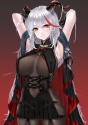 Rule 34 | 1girl, aegir (azur lane), armpits, azur lane, bad id, bad pixiv id, black cape, black gloves, bodystocking, breast curtains, breasts, cape, covered erect nipples, cowboy shot, cross, cross earrings, demon horns, dress, earrings, gloves, gradient background, hair between eyes, highres, horns, impossible clothes, iron cross, jewelry, large breasts, long hair, microdress, multicolored hair, neconel, red background, red hair, revealing clothes, signature, simple background, skindentation, solo, streaked hair, two-tone hair, very long hair, white hair, yellow eyes