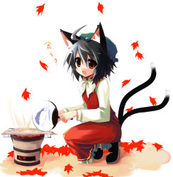 Rule 34 | 1girl, ahoge, animal ears, autumn, black hair, blush, brown eyes, cat ears, cat girl, cat tail, chen, cooking, english text, female focus, fish, grill, hat, multiple tails, ribbon, shichirin, shin (new), solo, tail, touhou, translated