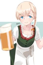 Rule 34 | 1girl, alakoala, alcohol, apron, beer, beer mug, blonde hair, blue eyes, blush, braid, closed mouth, commentary, cup, dated, dirndl, dress, german clothes, green dress, highres, holding, holding cup, kantai collection, medium hair, mug, shin&#039;you (kancolle), shirt, signature, smile, solo, white apron, white shirt
