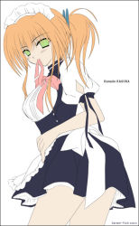 Rule 34 | 1girl, apron, ass, black dress, breasts, brown hair, dress, frills, from behind, green eyes, kanade kagura, looking at viewer, looking back, maid, maid apron, maid headdress, mouth hold, orange hair, ponytail, puffy short sleeves, puffy sleeves, ribbon, short sleeves, simple background, solo, tenshi no tamago, thighs, twintails, waist apron, white background, zinno
