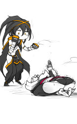 Rule 34 | 2girls, absurdres, angry, bandaged hand, bandages, battle, black footwear, black shorts, black thighhighs, breasts, changing artstyle, chibi, cleavage, clenched hands, cropped jacket, defeat, fighting stance, fingerless gloves, gloves, goggles, goggles on head, hand up, hands up, hayabusa (niwarhythm), highres, holding own stomach, kneeling, loincloth, medium breasts, motion lines, multiple girls, navel, niwamaru (niwarhythm), niwarhythm, no mouth, on floor, original, pain, pink eyes, pink trim, punching, shaking, shiny skin, short shorts, shorts, smoke trail, strapless, surrendering, thick thighs, thighhighs, thighs, tube top, white footwear, yellow eyes