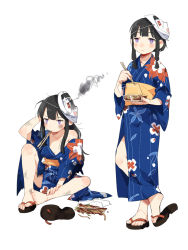 Rule 34 | 1girl, :t, alternate costume, black hair, blush, chopsticks, d.y.x., eating, floral print, food, highres, holding, holding chopsticks, japanese clothes, kantai collection, kimono, kitakami (kancolle), long hair, mask, mask on head, mouth hold, multiple views, noodles, obi, purple eyes, sandals, sash, sidelocks, simple background, sitting, smoke, standing, sweat, torn clothes, white background, wide sleeves, yukata, zouri