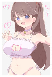 Rule 34 | 1girl, :o, animal cutout, bell, bra, breasts, brown hair, cat cutout, cat day, cat ear panties, cat lingerie, cleavage cutout, clothing cutout, fang, frilled bra, frills, fujishima megumi, heart, highres, large breasts, link! like! love live!, long hair, looking at viewer, love live!, masshiro0465, meme attire, navel, neck bell, open mouth, panties, paw pose, purple eyes, side-tie panties, skin fang, smile, solo, two side up, underwear, underwear only, upper body, white bra, white panties