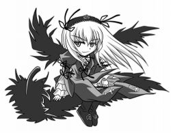 Rule 34 | 00s, 1girl, ankle boots, boots, cross print, dress, flower, full body, greyscale, hair ribbon, hairband, lolita hairband, lowres, monochrome, ribbon, rose, rozen maiden, simple background, sitting, solo, suigintou, white background, wings
