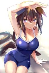 Rule 34 | 1girl, absurdres, admire vega (umamusume), animal ears, arm support, arm up, bare shoulders, blush, breasts, brown hair, cleavage, collarbone, highres, horse ears, horse girl, horse tail, large breasts, long hair, looking to the side, one-piece swimsuit, open mouth, purple eyes, school swimsuit, sitting, solo, swimsuit, tail, umamusume, uu-tan (hushigi10), wet, wet hair