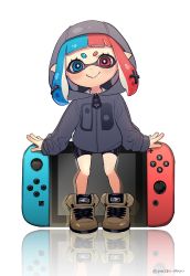 Rule 34 | 1girl, :&gt;, absurdres, bike shorts, blue hair, brown footwear, full body, game console, heterochromia, highres, hood, hoodie, inkling, inkling girl, inkling player character, long sleeves, mask, multicolored hair, nintendo, nintendo switch, pointy ears, puchiman, red hair, shoes, simple background, sitting, smile, solo, tentacle hair, two-tone hair, white background, zipper