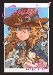 Rule 34 | 1boy, absurdres, black gloves, blonde hair, blue eyes, blue jacket, bridget (guilty gear), closed mouth, cow boy, cowboy hat, english text, fingerless gloves, fingernails, gloves, guggy (guirgaleo), guilty gear, guilty gear strive, hat, highres, jacket, lips, long sleeves, looking at viewer, male focus, medium hair, open clothes, open jacket, sheriff badge, shirt, smile, solo, source quote, stuffed animal, stuffed toy, teddy bear, trap, upper body, v, white shirt, zipper pull tab