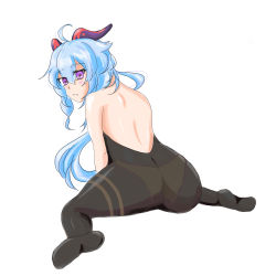 Rule 34 | 1girl, absurdres, ahoge, artist request, ass, bare shoulders, blue hair, blush, bodysuit, embarrassed, from behind, ganyu (genshin impact), genshin impact, highres, horns, leotard, long hair, looking at viewer, looking back, pantyhose, parted lips, purple eyes, shiny clothes, shiny skin, sitting, solo, very long hair, wariza