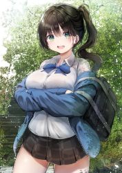 Rule 34 | 1girl, arms under breasts, bag, black hair, black skirt, blue bow, blue bowtie, blue jacket, blush, bow, bowtie, breasts, collared shirt, commentary request, cowboy shot, crossed arms, green eyes, hair between eyes, highres, hiromaster sinta jh, jacket, large breasts, long hair, long sleeves, looking at viewer, off shoulder, open clothes, open jacket, open mouth, original, outdoors, plaid, plaid skirt, pleated skirt, round teeth, school uniform, shirt, side ponytail, skirt, smile, solo, stairs, standing, teeth, tree, upper teeth only, white shirt